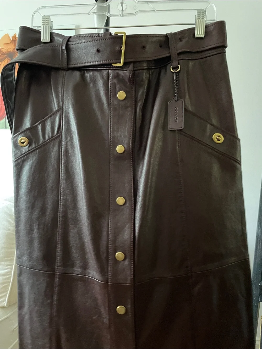 Coach Dark Brown Leather Skirt with Gold-Tone Hardware